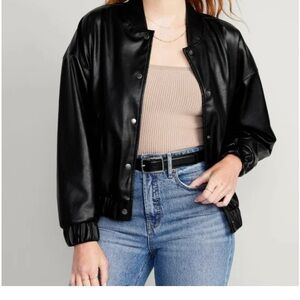 Old Navy Black Faux Leather Bomber Jacket with Tan Knit Tank